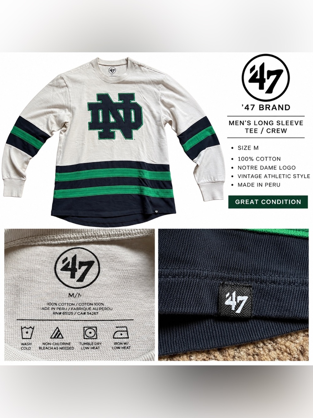’47 Brand Notre Dame Fighting Irish Varsity Long Sleeve Shirt M